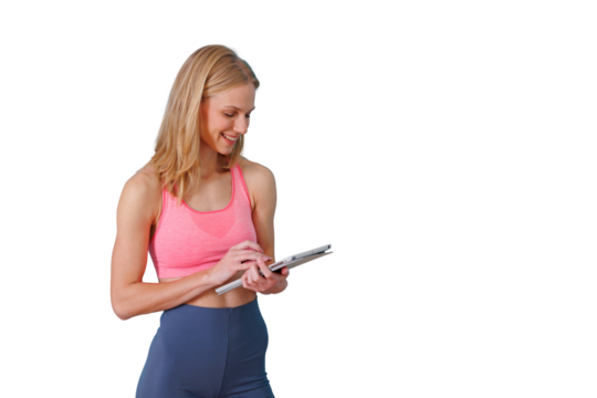 Fitness woman finding workout motivation and healthy lifestyle guidance using a digital tablet at home - Powered by Adobe