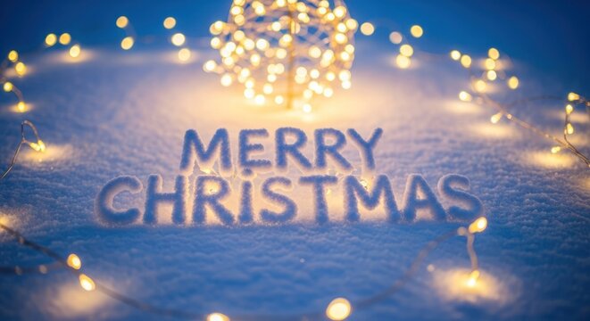 Festive 'MERRY CHRISTMAS' text in snow, framed by warm glowing holiday string lights
