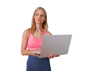 Thinking fitness woman holding laptop and looking up, planning workout or health program, transparent background
