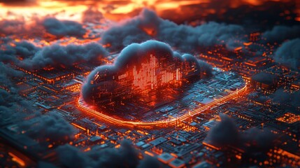 Futuristic city grid under fiery skies, a glowing cloud computing hub at its core