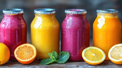 Four vibrant fruit juice bottles alongside citrus halves and fresh mint on a wooden surface