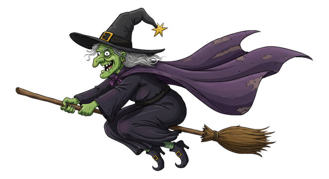 Flying wicked witch cartoon character on broomstick for halloween