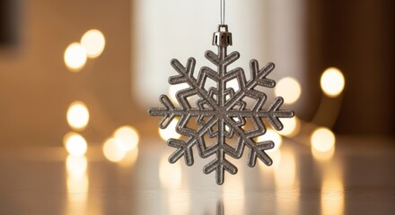 Glittering silver snowflake ornament hanging, with warm, sparkling bokeh lights behind