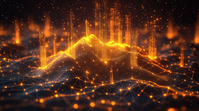 Futuristic digital landscape of glowing orange peaks and a connected data network