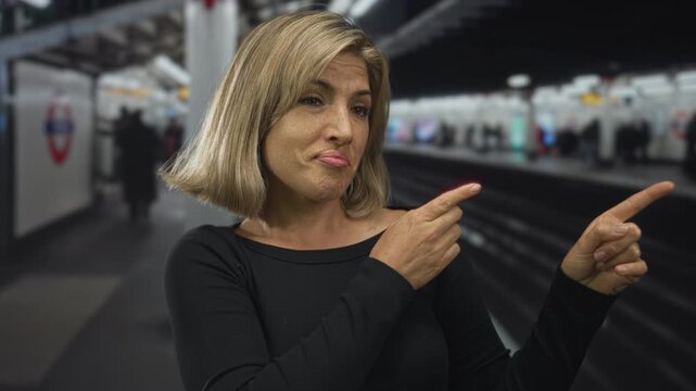 Woman pointing finger at platform inside train station concourse under fluorescent lighting; indecision.
