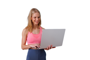 Woman smiling, using laptop for fitness app or online workout, wearing sportswear, transparent background