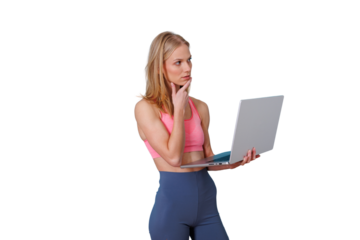 Woman in activewear holding laptop and thinking, isolated on transparent background, concept of planning and online learning
