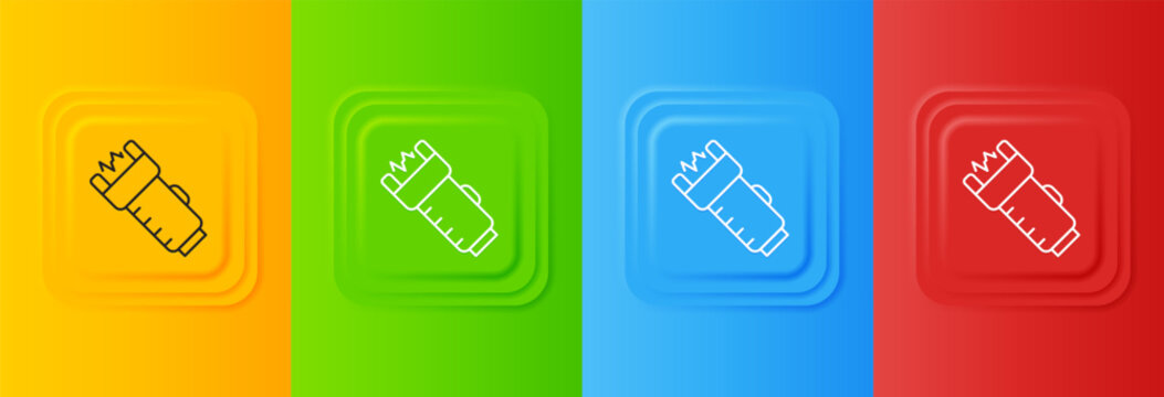 White Police electric shocker icon isolated on colorful background. Shocker for protection. Taser is an electric weapon. Set icons in square buttons. Vector