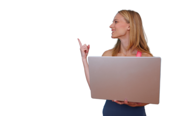 Woman holding laptop, pointing fingers up, presenting information, smiling and looking away on transparent background