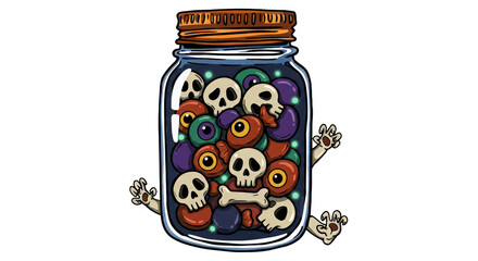 Halloween monster jar filled with spooky treats and creepy hands