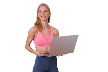 Fit woman smiling and holding a laptop, engaging in online fitness or remote work, transparent background