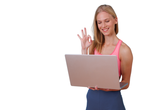 Woman making ok gesture during video call on laptop, expressing agreement and success with remote work on transparent background