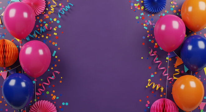 Colorful balloons, confetti, and paper decorations on purple background create festive party scene with ample free space ideal for text or design - Powered by Adobe