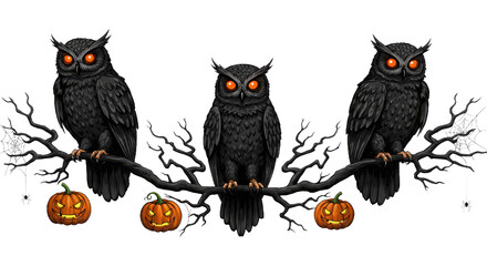 Three dark owls with glowing orange eyes perched on spooky branch.