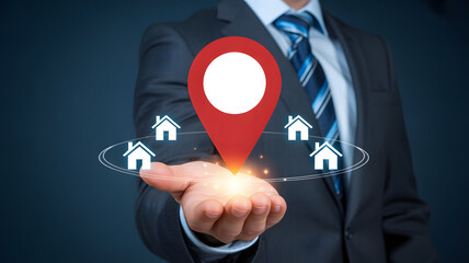Find your dream home with ease real estate agent with location pin and house icons showing property investment opportunities and home search assistance