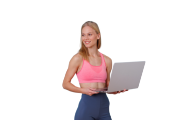 Woman working on laptop while smiling, wearing sportswear and looking away, fitness tracking concept with transparent background