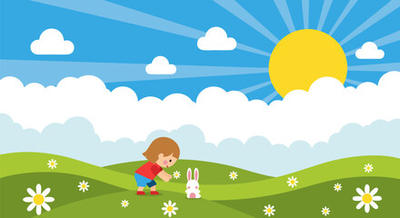 Fototapeta premium Cheerful flat vector illustration of a happy young child meeting a friendly white rabbit in a sunlit green meadow with blooming flowers and blue sky