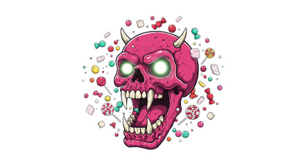 Candy monster skull with glowing eyes and horns, illustration
