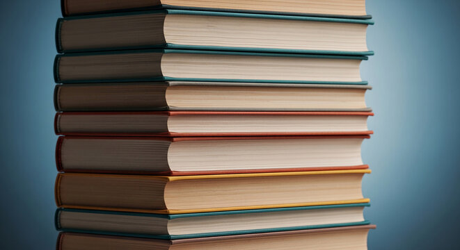 Close-up of a stack of books with colorful covers, showcasing a variety of textures and hues, representing knowledge, education, and learning