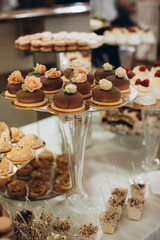 Dessert buffet displaying elegant chocolate cakes with roses