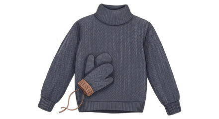 Cozy gray knitted turtleneck sweater and mittens illustration.