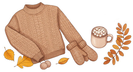 Cozy autumn objects: knit sweater, mittens, hot cocoa, fall leaves