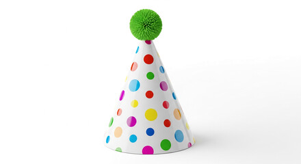 Colorful party hat with green pom-pom, white background, conical shape, polka dots, celebration, festive, joyful, fun, event