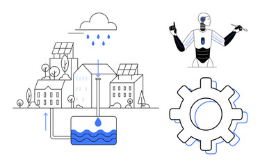 Solar-powered city with rainwater harvesting, gear for technology, and AI robot symbolizing innovation. Ideal for sustainability, tech development, urban planning, automation, smart solutions