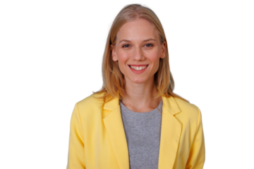 Professional woman smiling, wearing a yellow blazer, posing for a corporate portrait with a transparent background
