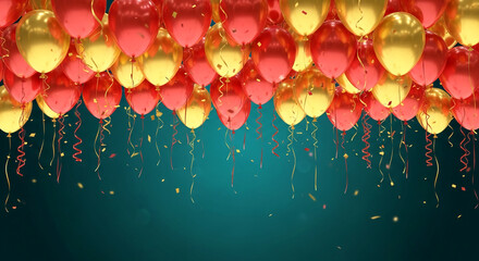 Red and gold balloons with confetti streamers against a teal background, showcasing a celebratory and festive mood, ideal for party invitations or celebratory designs