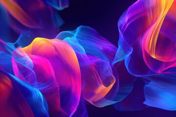 Vibrant abstract flowing ribbons of neon light dance in dynamic waves, creating a mesmerizing, energetic, and modern visual spectacle.