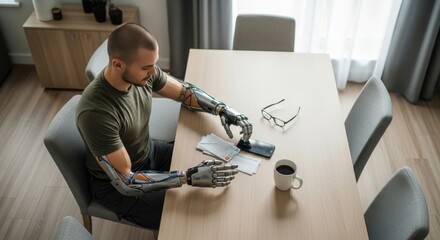 Veteran with advanced prosthetic arms using a smartphone at a table, concept of rehabilitation and technological advancement for soldiers.