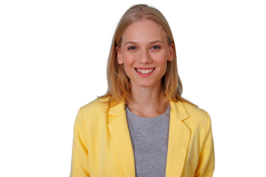 Professional woman smiling, wearing a yellow blazer, posing for a corporate portrait with a transparent background - Powered by Adobe