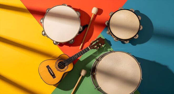 Instrumentos de samba e pagode dispostos artisticamente em fundo colorido com cavaquinho pandeiro