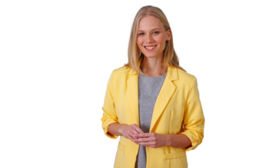 Smiling blonde woman wearing a yellow blazer, posing confidently on a transparent background