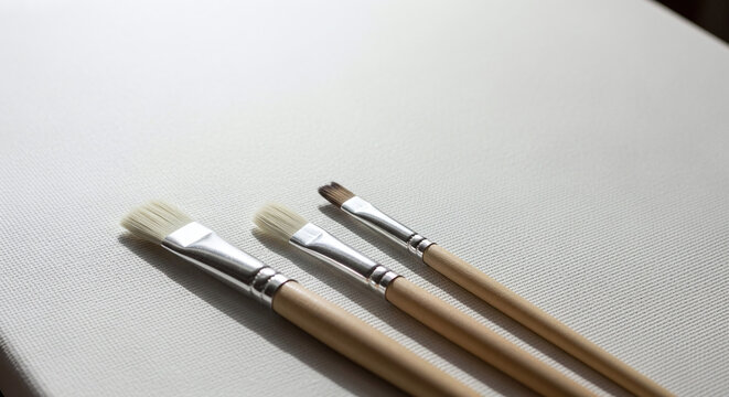 Clean Paintbrushes Arranged on a White Canvas Ready for Artistic Creation and Creative Endeavors