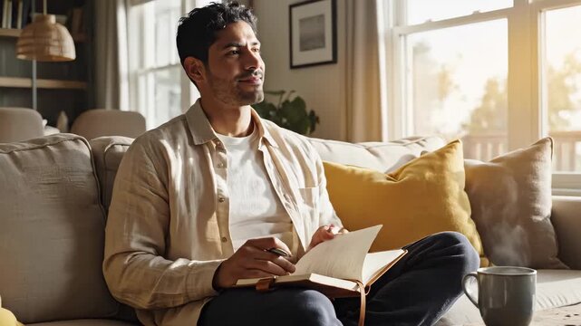 Man enjoys a peaceful morning writing in a cozy living room with sunlight streaming in