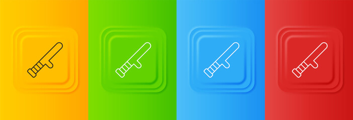 White Police rubber baton icon isolated on colorful background. Rubber truncheon. Police Bat. Police equipment. Set icons in square buttons. Vector