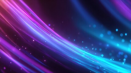 Dynamic abstract streaks of vibrant purple and electric blue light flow across a dark, cosmic background with sparkling bokeh.