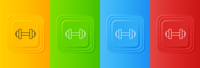 White Dumbbell icon isolated on colorful background. Muscle lifting, fitness barbell, sports equipment. Set icons in square buttons. Vector