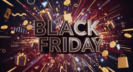 Black Friday sale event, gifts and shopping bags exploding with golden coins, celebratory discounts and special offers, vibrant and dynamic background for retail promotion.