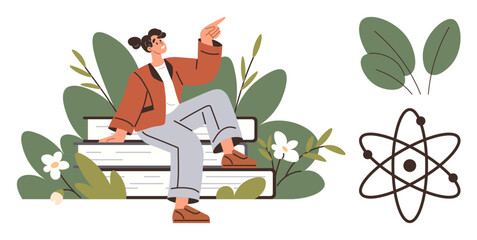Woman seated on stacked books pointing upwards, surrounded by greenery and atomic model. Ideal for education, science, innovation, environment, growth, inspiration, personal development themes