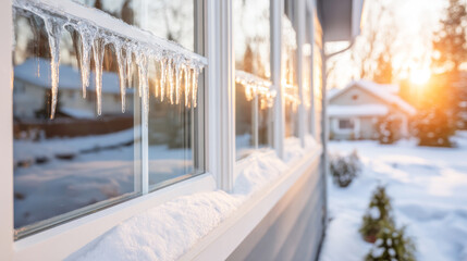 Icicles melting on a house window sill in winter, catching the golden light of a warm sunset or sunrise
