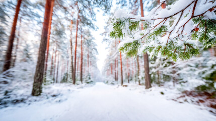 Snow covered forest path winding through a serene winter landscape, evergreen pine branches framed in foreground with soft snow