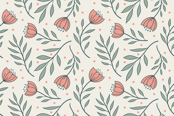 Seamless floral pattern with pink flowers and green leaves