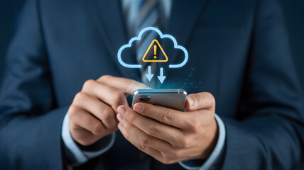 Businessman holding smartphone alerts to cloud security risk and data breach warning with urgent notification icon