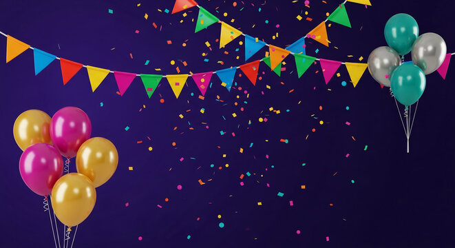 Colorful balloons and confetti on dark background, bunting flags overhead, creating festive celebration scene, ideal for party invitations or joyful announcements, free space for text