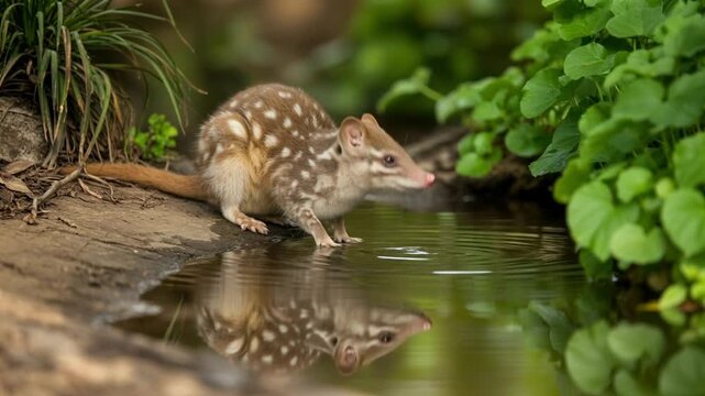 Cute quoll drinking from calm forest stream with reflection