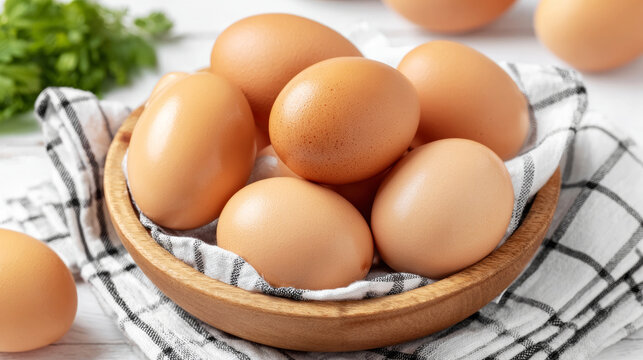 Brown chicken eggs are resting in a wooden bowl over a checkered towel, representing fresh farm ingredients ready for use