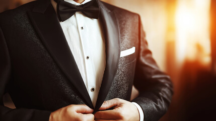 Elegant man dressing in formal wear, buttoning his stylish tuxedo. Representing luxury, celebration, and important occasions